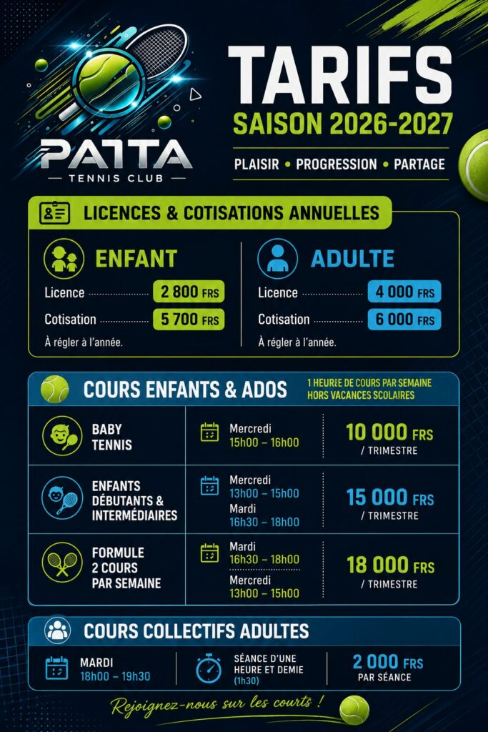 TCPAITA - Tarifs cotisation licences cours saison 2026-2027